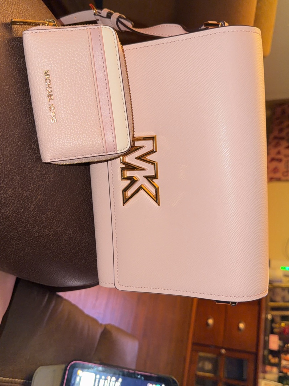Michael Kors Blush Pink Saffiano Shoulder Bag with Gold MK Emblem